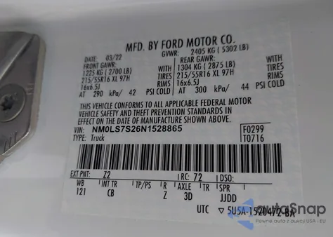 2022 Ford Transit Connect Xl из США, поврежденный, VIN NM0LS7S26N1528865